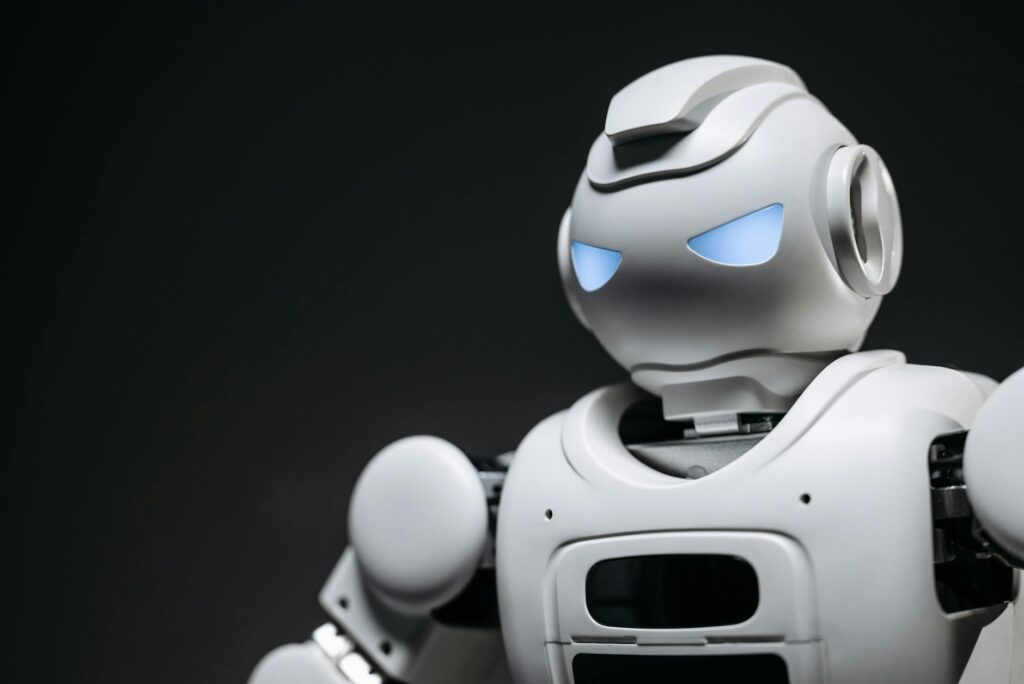 High-tech robot toy with a gray background in studio lighting.